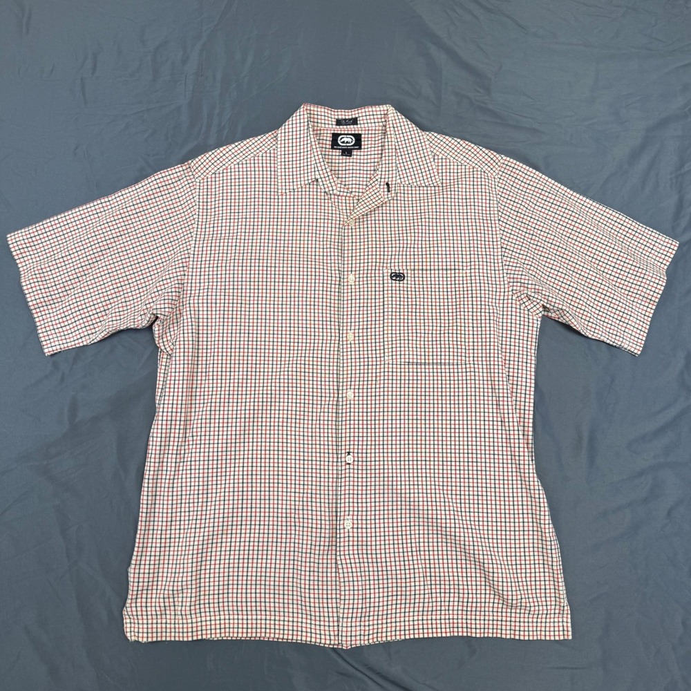 Ecko Unltd Mens The Knute Short Sleeve Plaid Button Up Shirt Red Navy Large Y2K